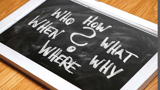 small frame blackboard with the questions who, what, when, where and how chalked on